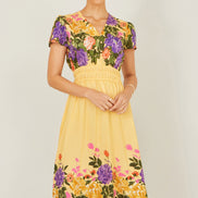 Yumi Butter Yellow Floral Mirror Print Viscose Midi Dress