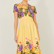 Yumi Butter Yellow Floral Mirror Print Viscose Midi Dress