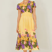 Yumi Butter Yellow Floral Mirror Print Viscose Midi Dress