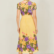 Yumi Butter Yellow Floral Mirror Print Viscose Midi Dress