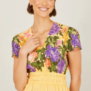 Yumi Butter Yellow Floral Mirror Print Viscose Midi Dress