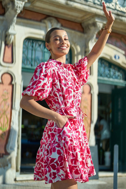 Yumi Pink Floral Print Viscose Relaxed Shirt Dress