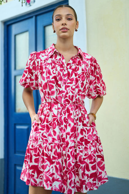 Yumi Pink Floral Print Viscose Relaxed Shirt Dress