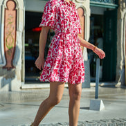 Yumi Pink Floral Print Viscose Relaxed Shirt Dress
