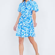 Yumi Blue Floral Print Viscose Relaxed Shirt Dress