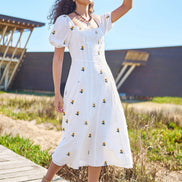 Yumi White Cotton Sunflower Embroidered Midi Dress