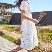 Yumi White Cotton Sunflower Embroidered Midi Dress