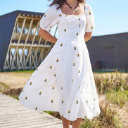 Yumi White Cotton Sunflower Embroidered Midi Dress
