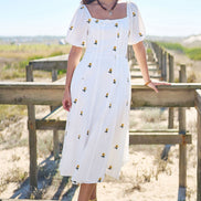 Yumi White Cotton Sunflower Embroidered Midi Dress