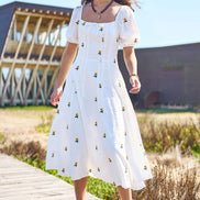 Yumi White Cotton Sunflower Embroidered Midi Dress