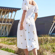 Yumi White Cotton Sunflower Embroidered Midi Dress