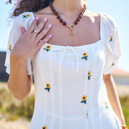 Yumi White Cotton Sunflower Embroidered Midi Dress