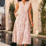 Yumi Brown Stripe With Embroidered Flower Cotton Dress