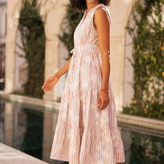 Yumi Brown Stripe With Embroidered Flower Cotton Dress