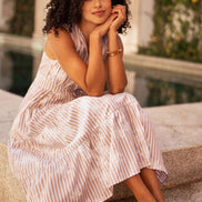 Yumi Brown Stripe With Embroidered Flower Cotton Dress