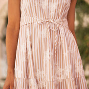 Yumi Brown Stripe With Embroidered Flower Cotton Dress