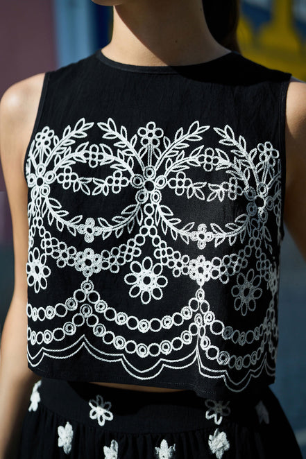 Yumi Black Embroidered Crop Top