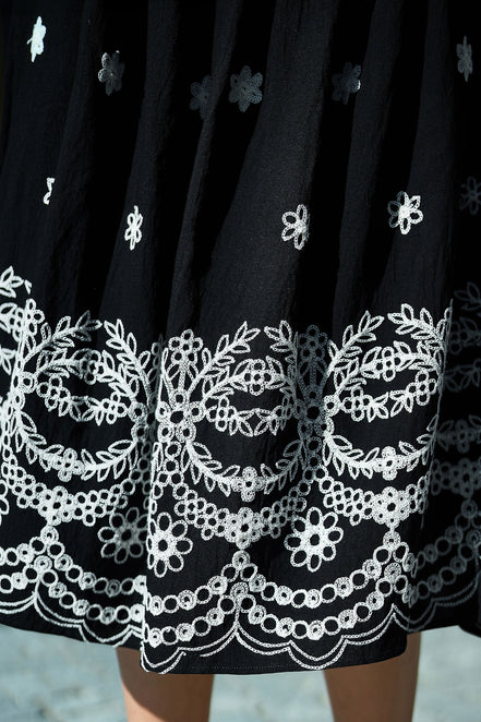 Yumi Black Embroidered Midi Skirt