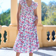 Yumi White Viscose Floral Ruched Waist Midi Dress