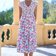 Yumi White Viscose Floral Ruched Waist Midi Dress