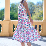Yumi White Viscose Floral Ruched Waist Midi Dress