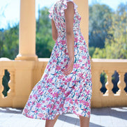 Yumi White Viscose Floral Ruched Waist Midi Dress