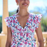 Yumi White Viscose Floral Ruched Waist Midi Dress