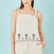 Yumi Ivory Linen Mix Embroirdered Top