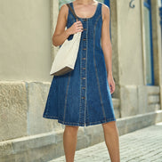 Yumi Blue Stretch Denim Panel Fitted Dress