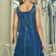 Yumi Blue Stretch Denim Panel Fitted Dress
