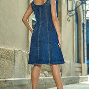 Yumi Blue Stretch Denim Panel Fitted Dress
