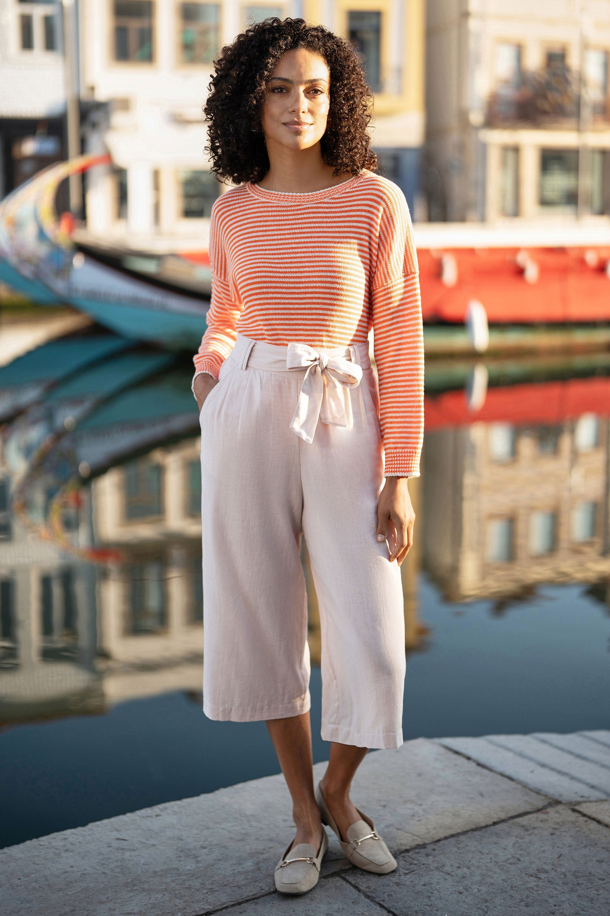 Yumi Natural Linen Mix Cropped Trousers with Tie Belt