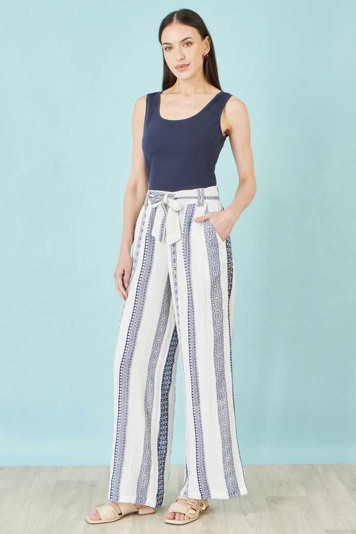 Yumi White Linen Mix Cropped Trousers With Tie Belt