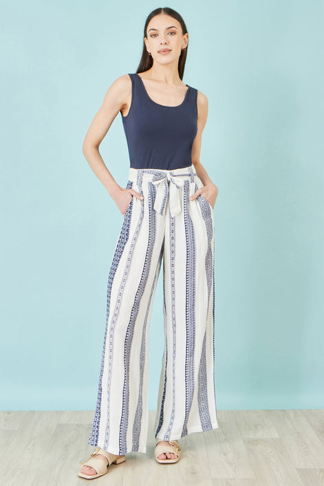 Yumi White Linen Mix Cropped Trousers With Tie Belt