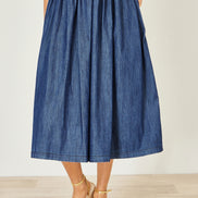 Yumi Blue Denim Chambray Gathered Midi Skirt