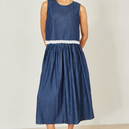 Yumi Blue Denim Chambray Gathered Midi Skirt