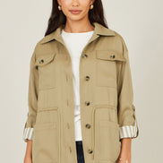 Yumi Green Utility Jacket with Drawstring Waist and Stripe Lining