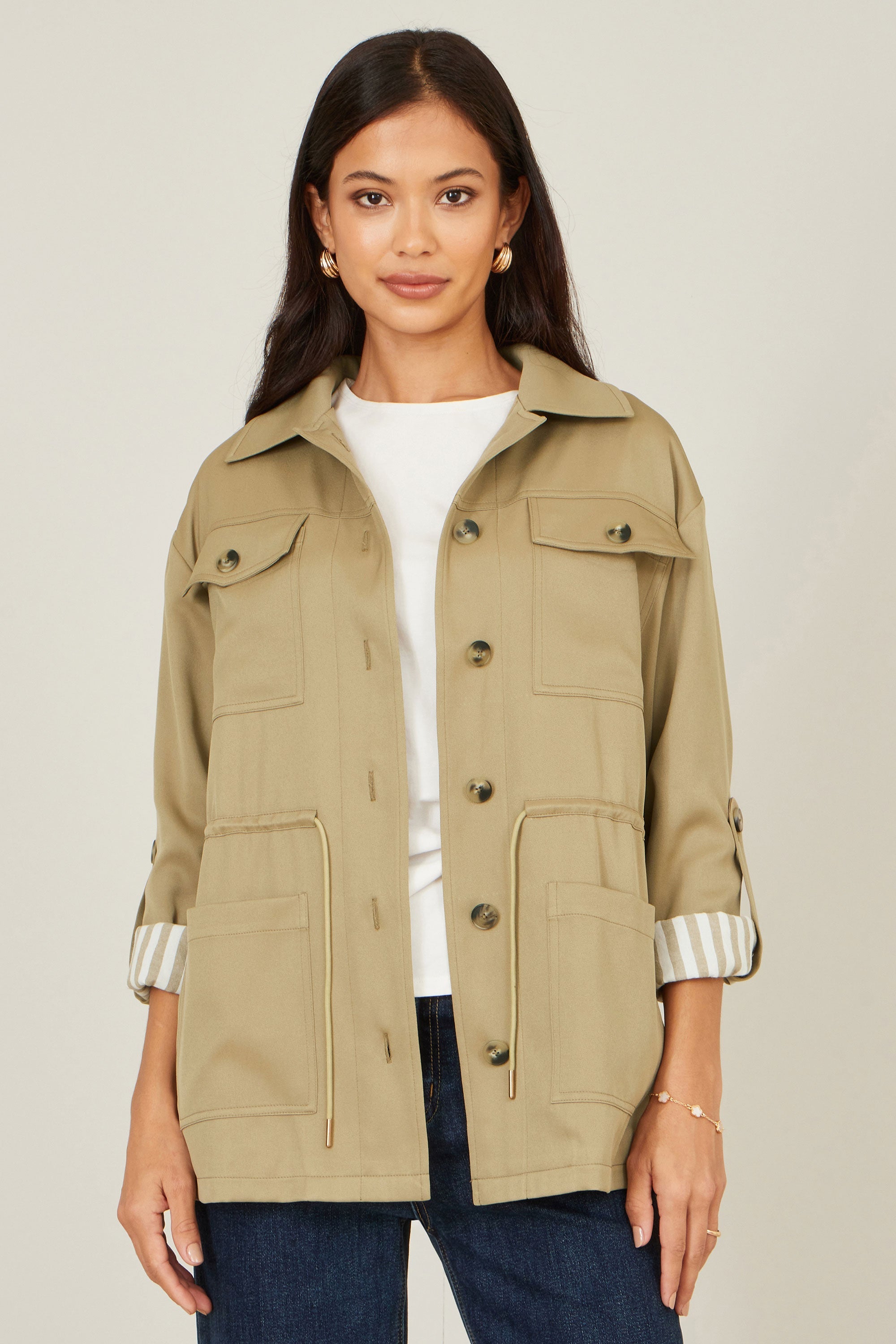 Yumi Green Utility Jacket with Drawstring Waist and Stripe Lining