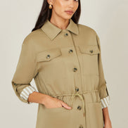Yumi Green Utility Jacket with Drawstring Waist and Stripe Lining