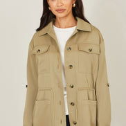 Yumi Green Utility Jacket with Drawstring Waist and Stripe Lining