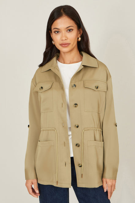 Yumi Green Utility Jacket with Drawstring Waist and Stripe Lining