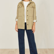 Yumi Green Utility Jacket with Drawstring Waist and Stripe Lining