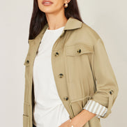 Yumi Green Utility Jacket with Drawstring Waist and Stripe Lining