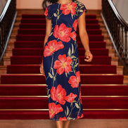 Yumi Navy Poppy Print Midi Mesh Dress