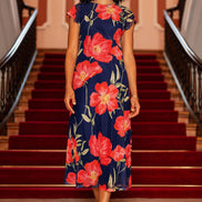 Yumi Navy Poppy Print Midi Mesh Dress
