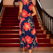 Yumi Navy Poppy Print Midi Mesh Dress