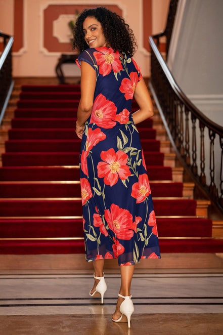 Yumi Navy Poppy Print Midi Mesh Dress