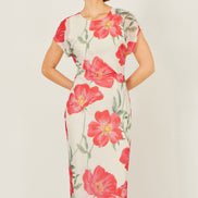 Yumi Ivory Poppy Print Midi Mesh Dress