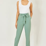 Yumi Green Stretch Capri Pants with Tie Belt