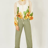 Yumi Beige Printed Lightweight Modal Bomber Jacket